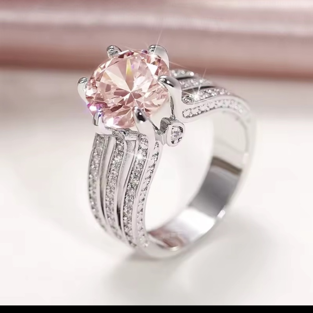 Private Label Pink Solitaire Halo Ring in Silver-Tone